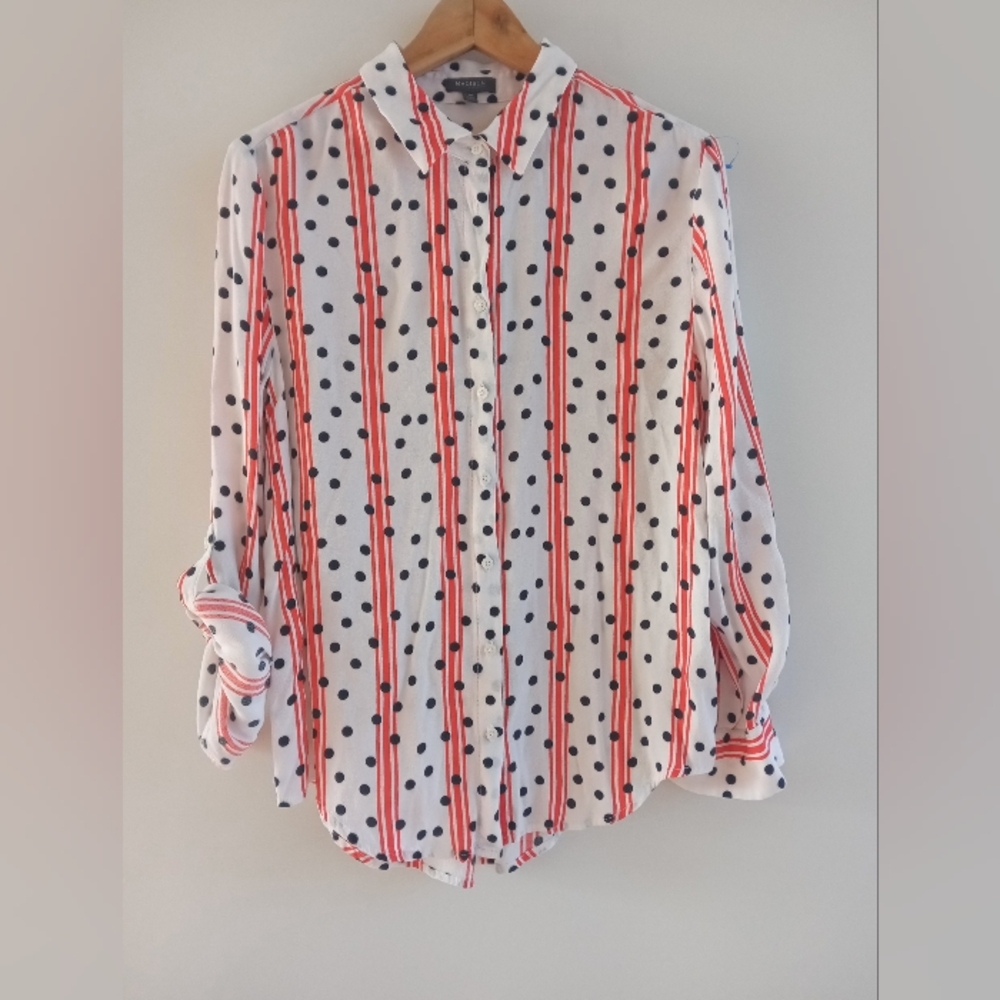 Madison Women's Casual Button Down Shirt Red Stripes Black Polka Dots Size M